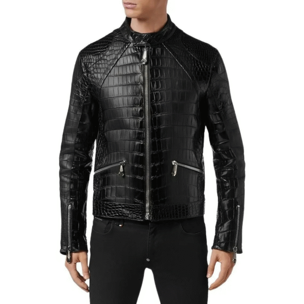 Crocodile Skin Biker Leather Jacket for Men